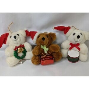 Applause Christmas Bear Ornament Cubby Plush Lot 4 Inch White Brown Lot of 3